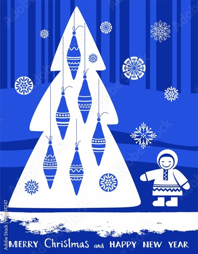 Postcard merry Christmas and happy New Year, North, blue background. 