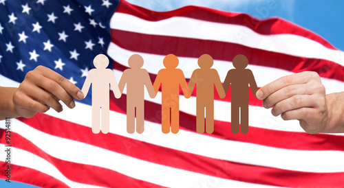 Fotografi hands with people pictogram over american flag