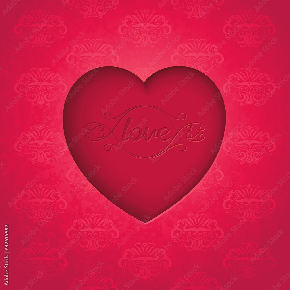 Heart carved in the cardboard on old royal background. Love lettering in whorls. vector eps8
