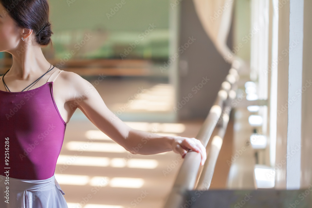 Obraz premium classic ballet dancer posing at barre on rehearsal room