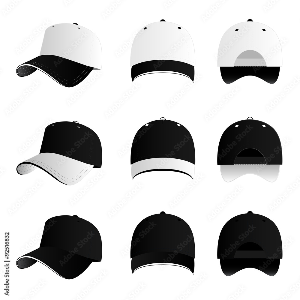 Black and white baseball cap vector set Black and white baseball cap vector set