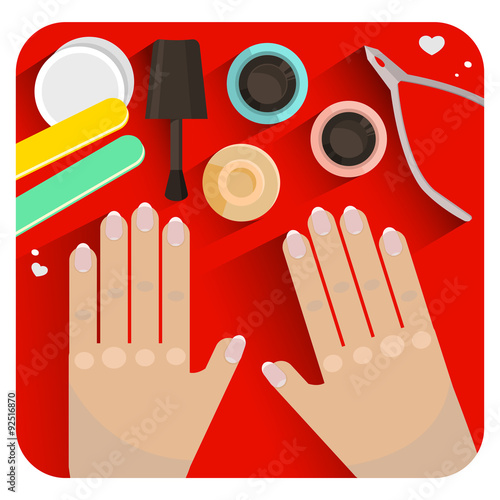 Hands with natural manicure on the bright background