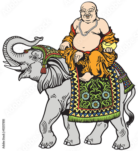 happy buddha riding elephant
