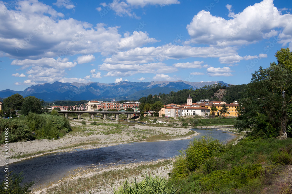Aulla town, Lunigiana, Italy. General view with river and mounta
