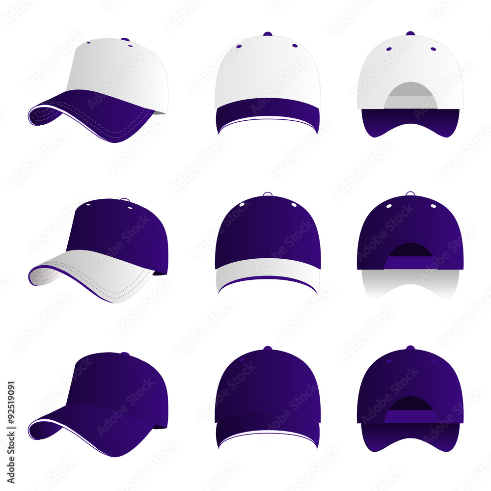 Violet and white baseball cap vector set Violet and white baseball cap vector set