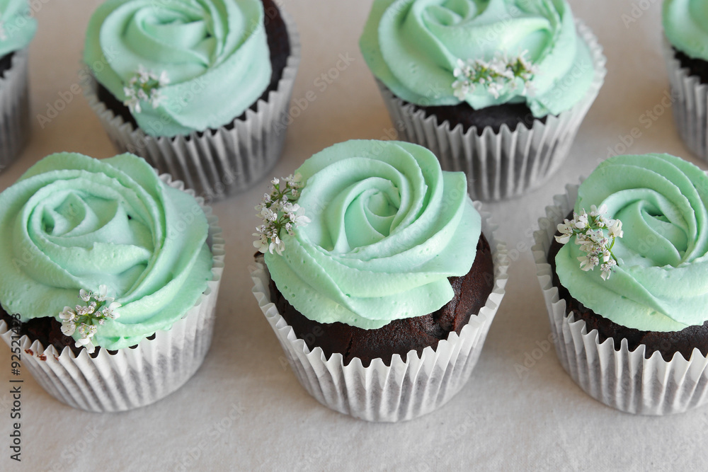 Homemade chocolate cupcake with turquoise rose frosting