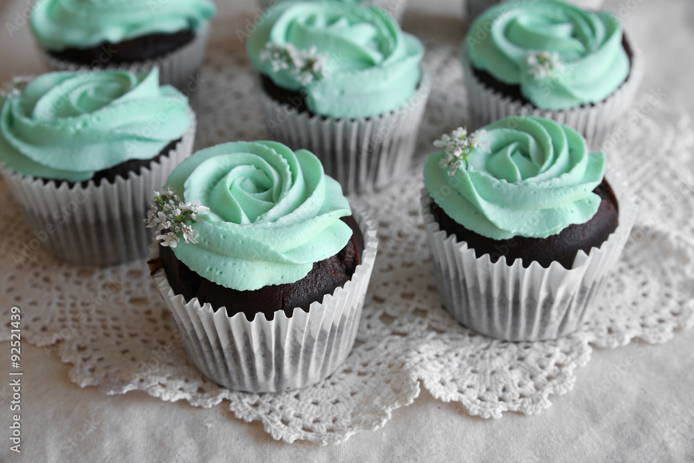 Homemade chocolate cupcake with turquoise rose frosting Homemade chocolate cupcake with turquoise rose frosting