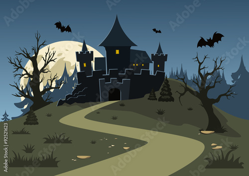 Halloween haunted castle, trees, bats, and a full moon. Vector illustration