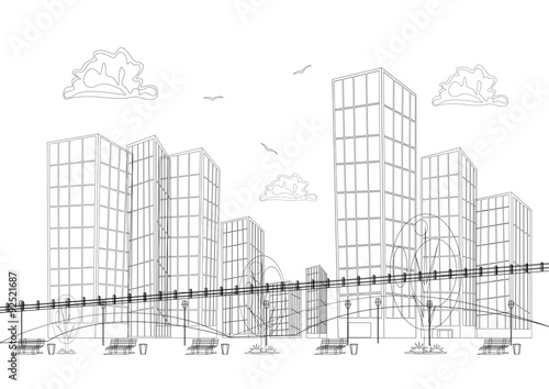 Black and white design big modern city with skyscrapers