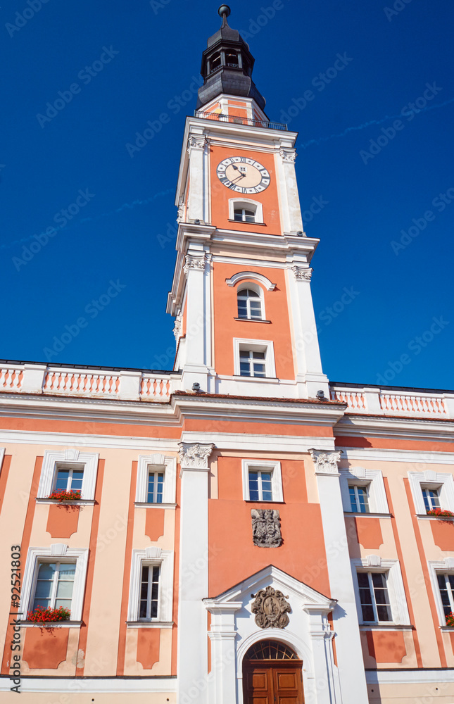 Baroque Town Hall with clock tower on the market in Leszno.