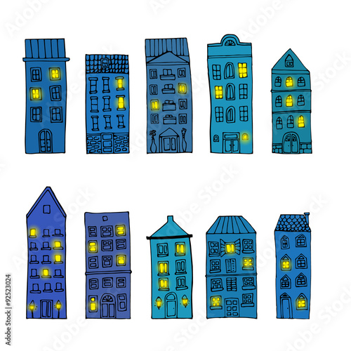 Set of old town buildings isolated on white background.