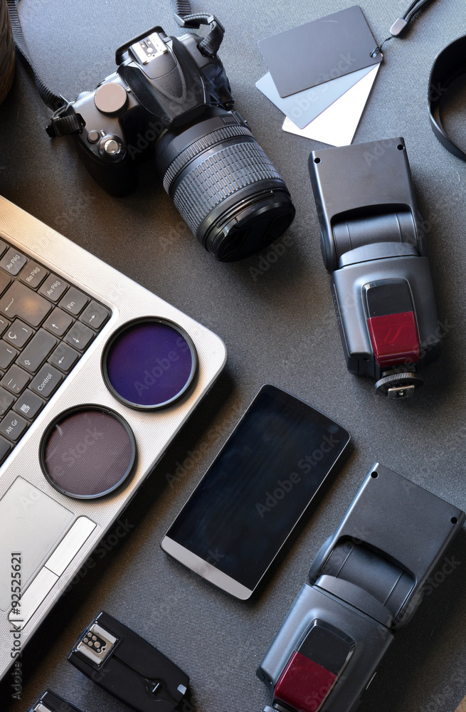 desktop with photography equipment desktop with photography equipment
