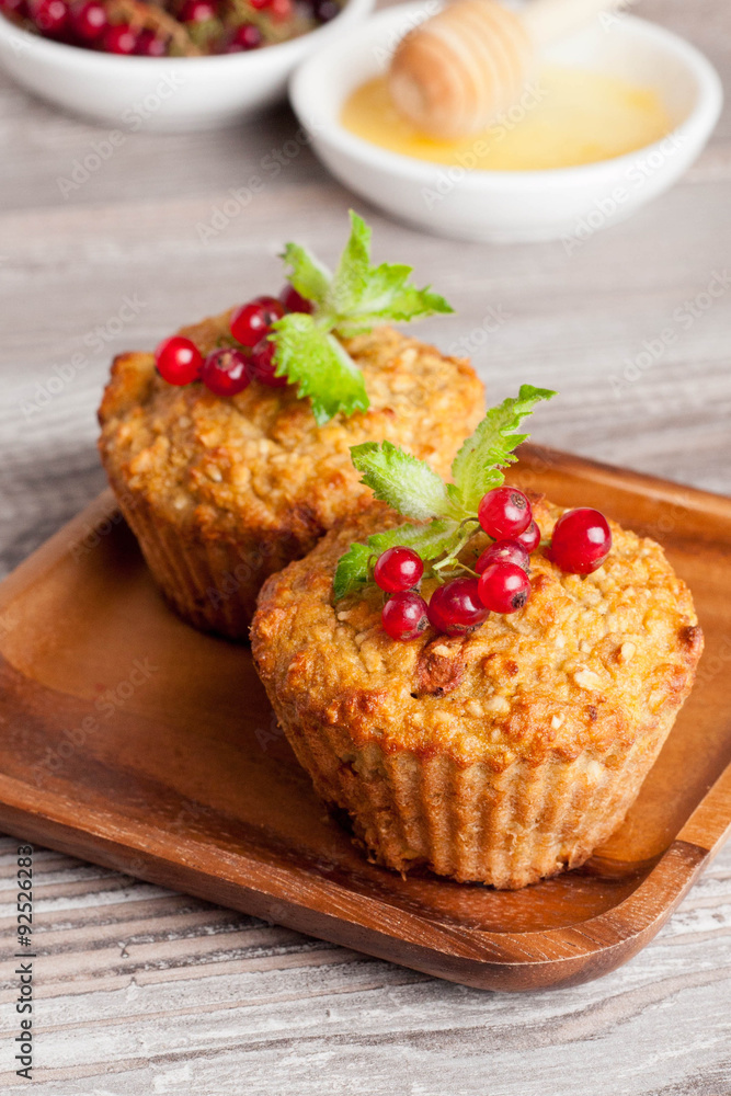 muffins with red currant, decorated mint muffins with red currant, decorated mint