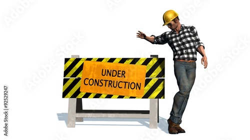 Under Construction - Barrier and construction worker with yellow helmet 