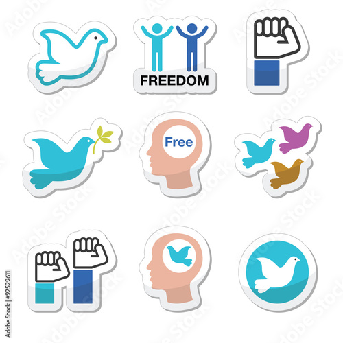 Freedom icons set - dove and fist symbols 