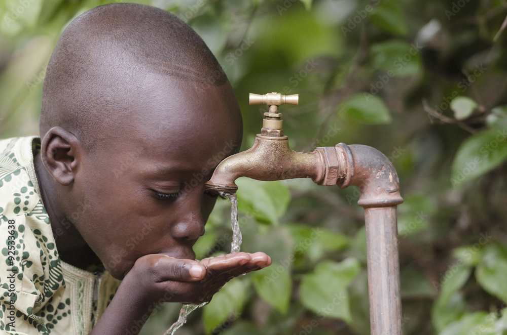 Water scarcity in the world symbol. African boy begging for water. In