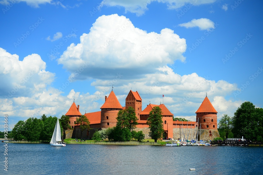 Galves lake,Trakai old red bricks castle view Galves lake,Trakai old red bricks castle view