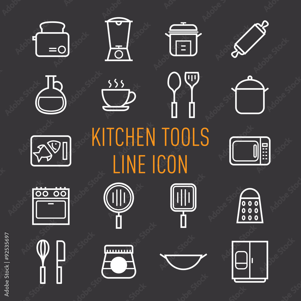 set of kitchen tools line icon isolated on black background set of kitchen tools line icon isolated on black background