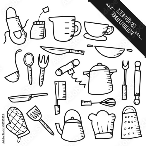 set of kitchen utensil doodle isolated on white background