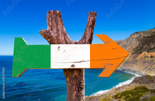 Ireland flag wooden sign with coast background