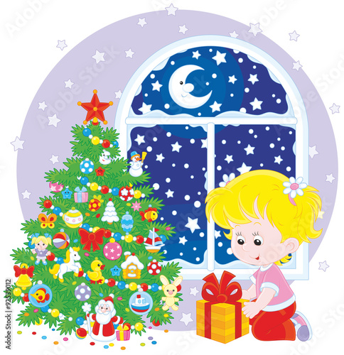 The night before Christmas, Santa Claus putting his presents near the bed of a sleeping girl