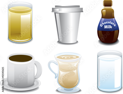 Illustrations of six different breakfast beverages or drinks.