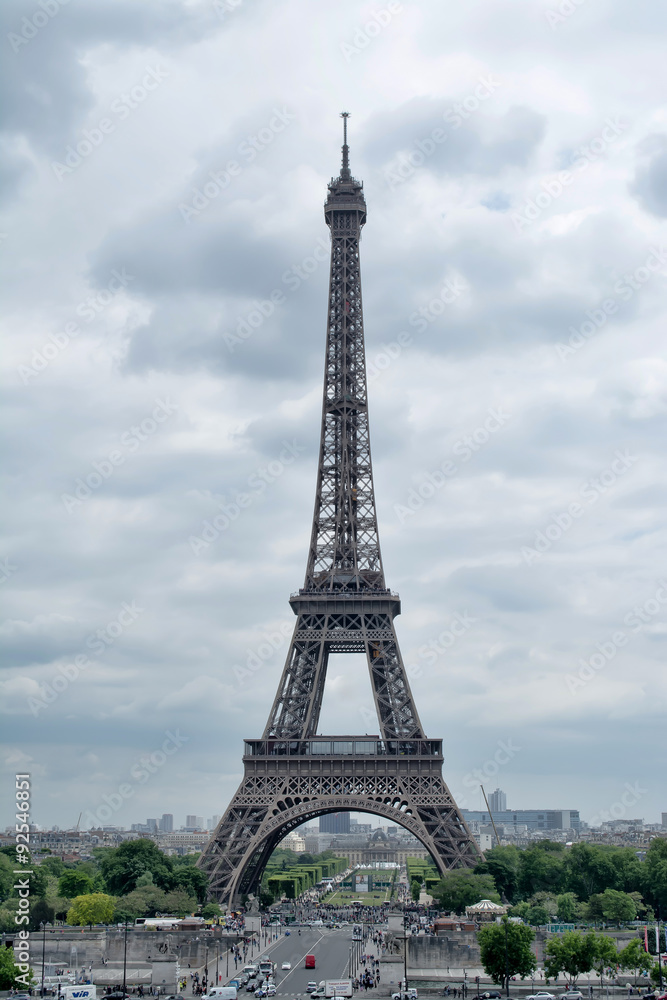 Panorama Eiffel Tower in Paris. The Eiffel tower is the most visited monument of France with about 6 million visitors every year.

