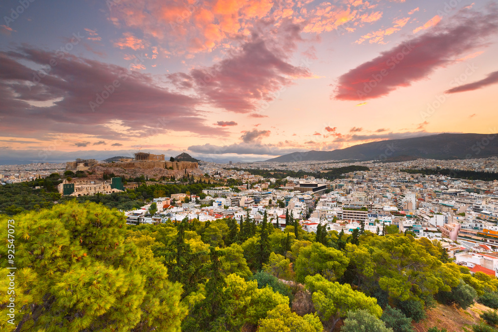 Morning view of Acropolis from Filopappou hill in centre of Athens.