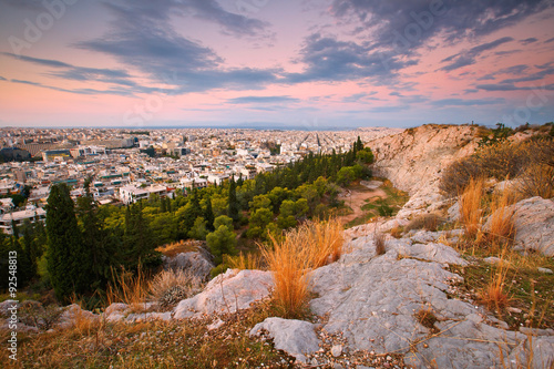 Morning view of Athens from Filopappou hill, Greece.