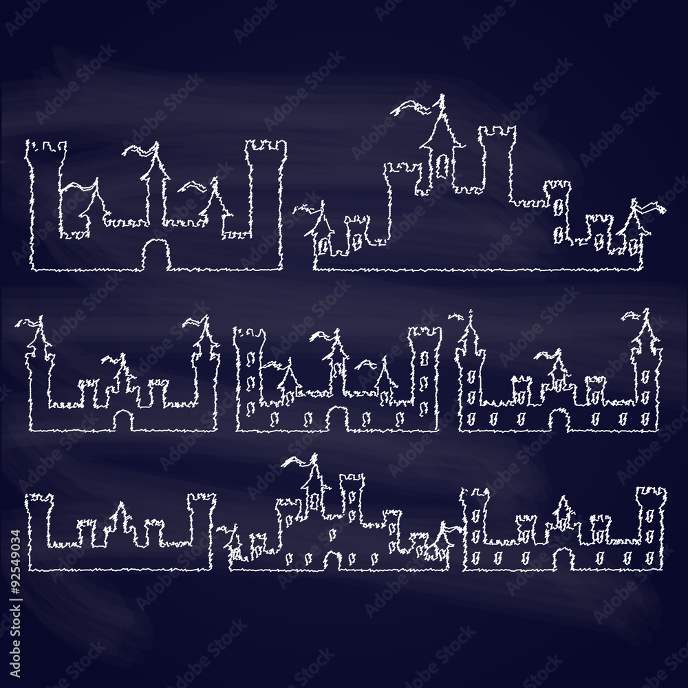 Set of Fantasy castles chalk silhouettes for design. Isolated on dark-blue  background. Vector