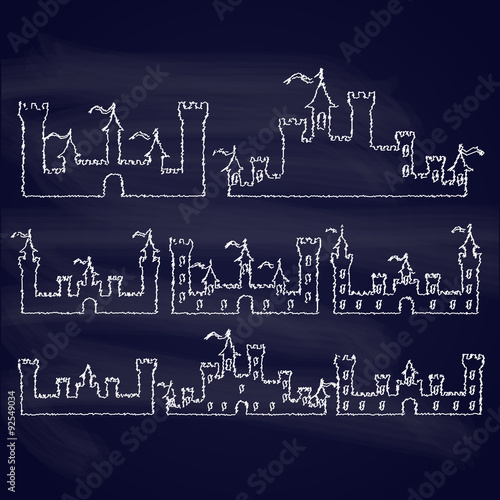 Set of Fantasy castles chalk silhouettes for design. Isolated on dark-blue  background. Vector