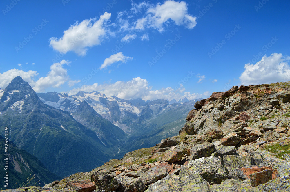 Mountain peaks, glaciers and valleys at Dombay region, Western Caucasus