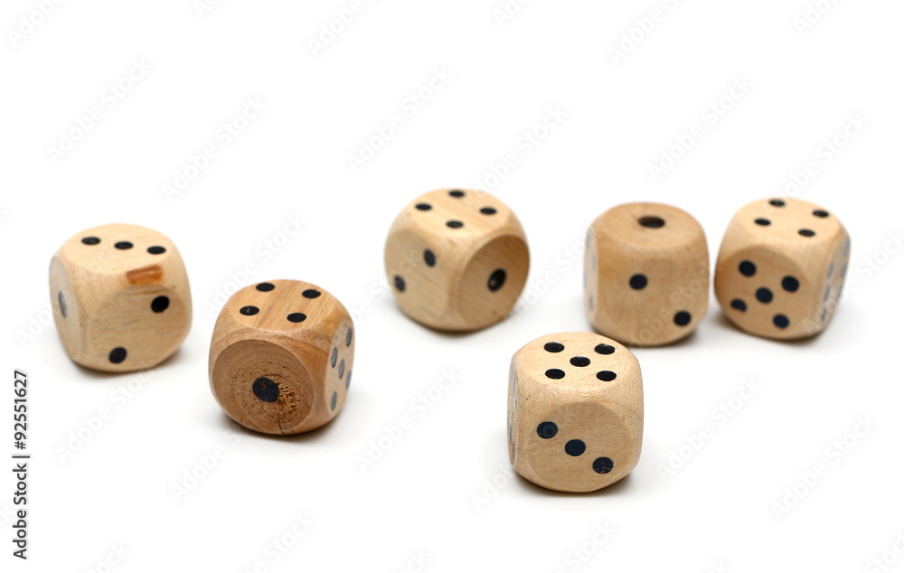 Wooden Dice on a White Background
