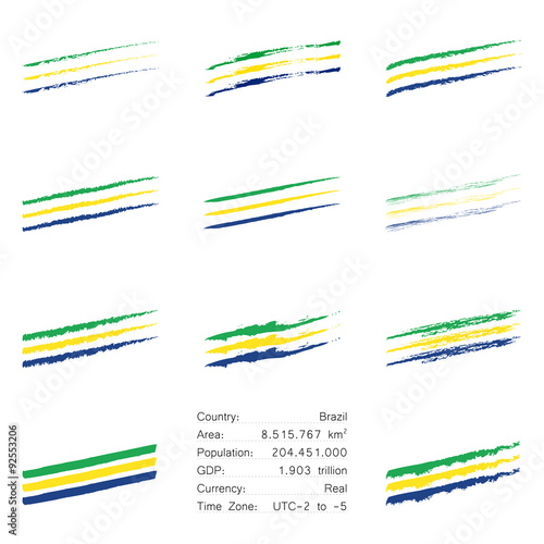 Brazil flag colored hand drawn lines set with different looks like brush, chalk, ink, paint and main informations about the country. 
