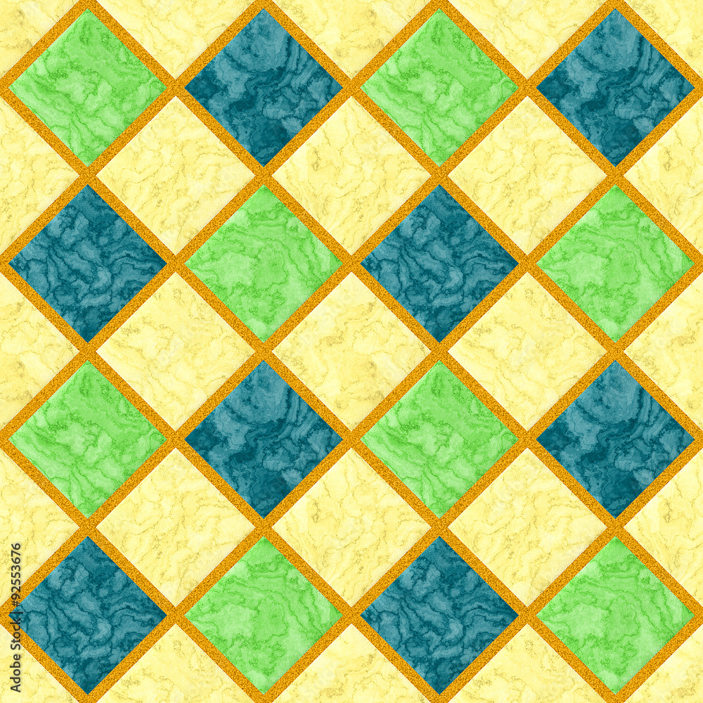 Abstract seamless marbled floor pattern of green, yellow and blue squares with orange grainy frame Abstract seamless marbled floor pattern of green, yellow and blue squares with orange grainy frame