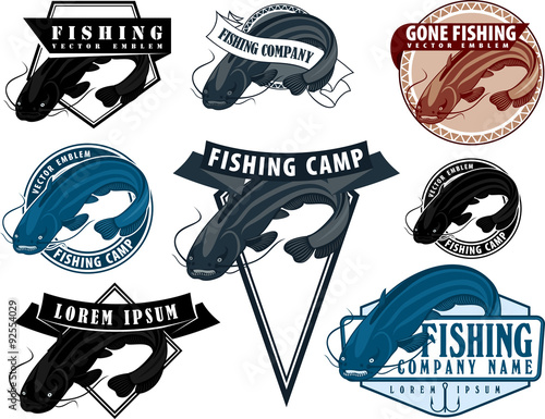 set of vector emblems with big river catfish