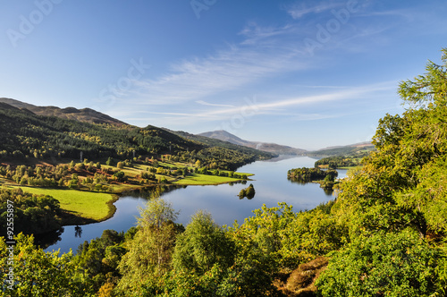 Beautiful summer view across Loch (Lake) Tummel seen from Queen's View, a famous viewpoint. Located near Pitlochry, Perthshire, Scotland, UK. 