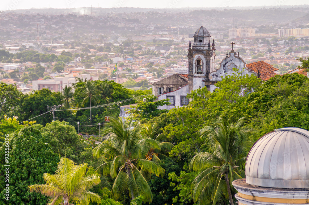 Naklejka premium Old historic colonial style church with palm trees and tropical