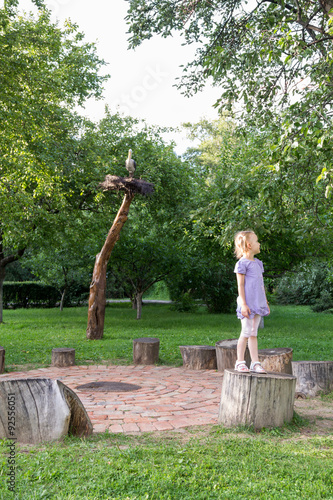 little girl on stump in the park