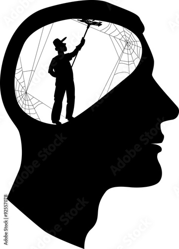 Male profile with a silhouette of a person, cleaning cobweb inside the brain, vector illustration, EPS 8, no white objects