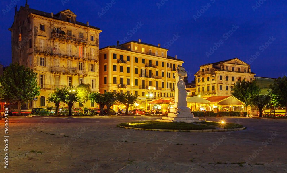 Typical buildings at night, Corfu city, Greece