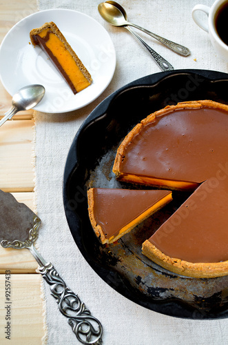 Homemade pumpkin pie with chocolate topping