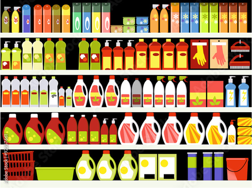 Household supplies aisle in the supermarket, shelves filled with cleaning products, ESP 8 vector illustration