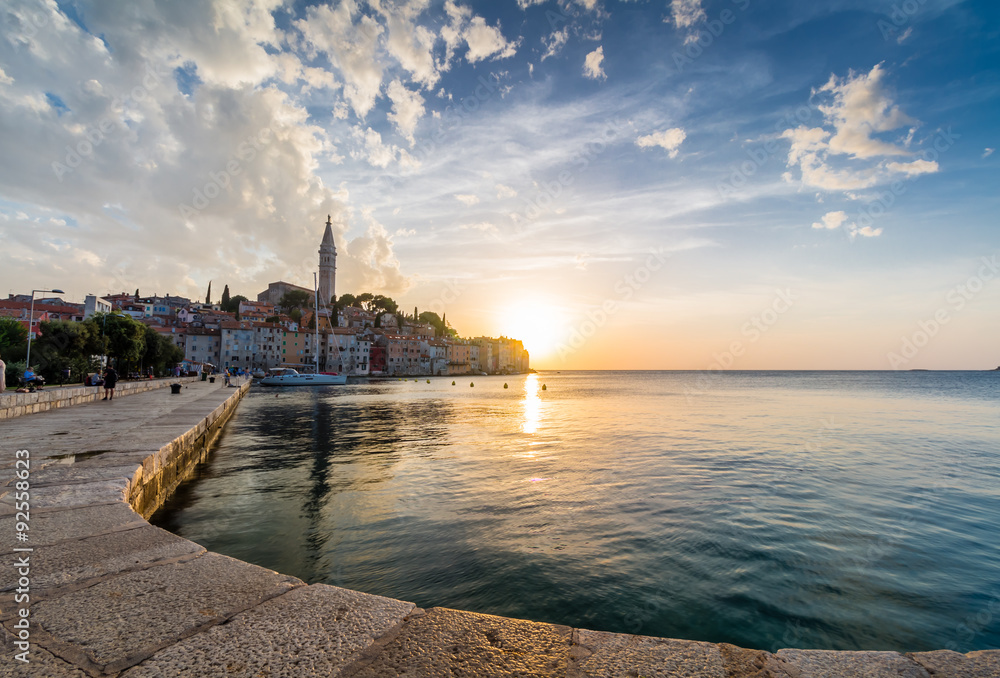 Beautiful romantic old town of Rovinj with magical sunset,Istrian Peninsula,Croatia,Europe