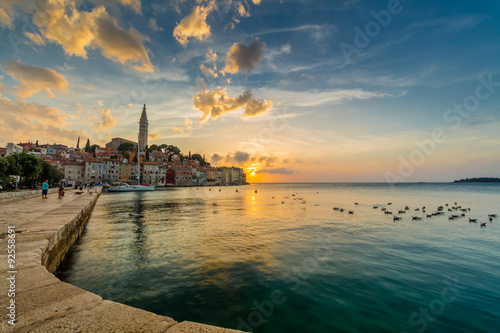 Beautiful sunset at Rovinj in Adriatic sea coast of Croatia, Europe.