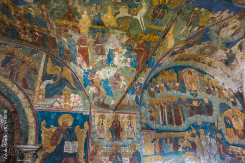 historic religious fresco paintings on ceiling of the entrance into the Church of Elijah the Prophet Cathedral 