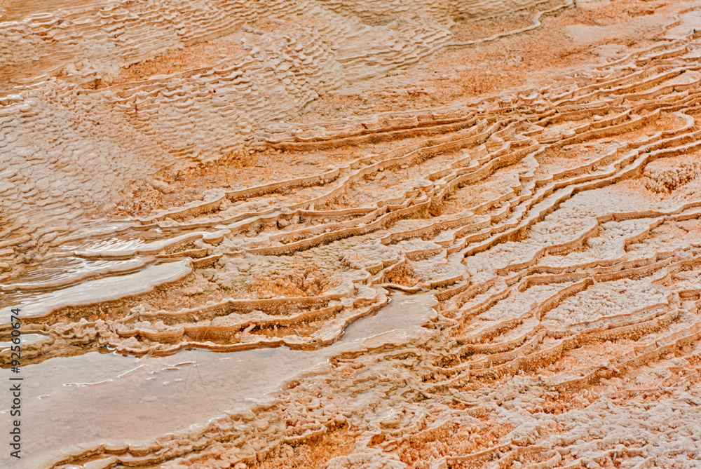 Obraz premium A landscape of the textured tiers of Dryad Springs at Mammoth in Yellowstone National Park.