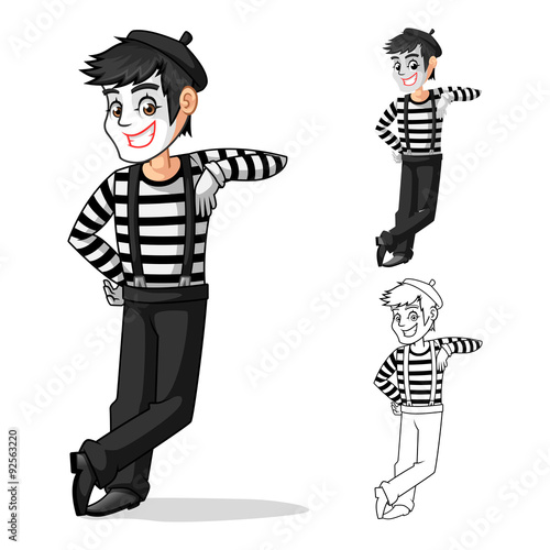 High Quality Mime Artist Leaning Against Pose Cartoon Character Include Flat Design and Outlined Version Vector Illustration
