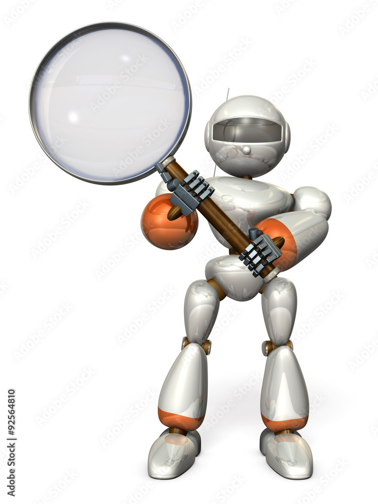 Robot holding a large magnifying glass