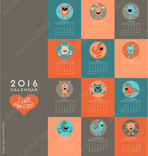 2016 calendar illustrated with cute little monsters